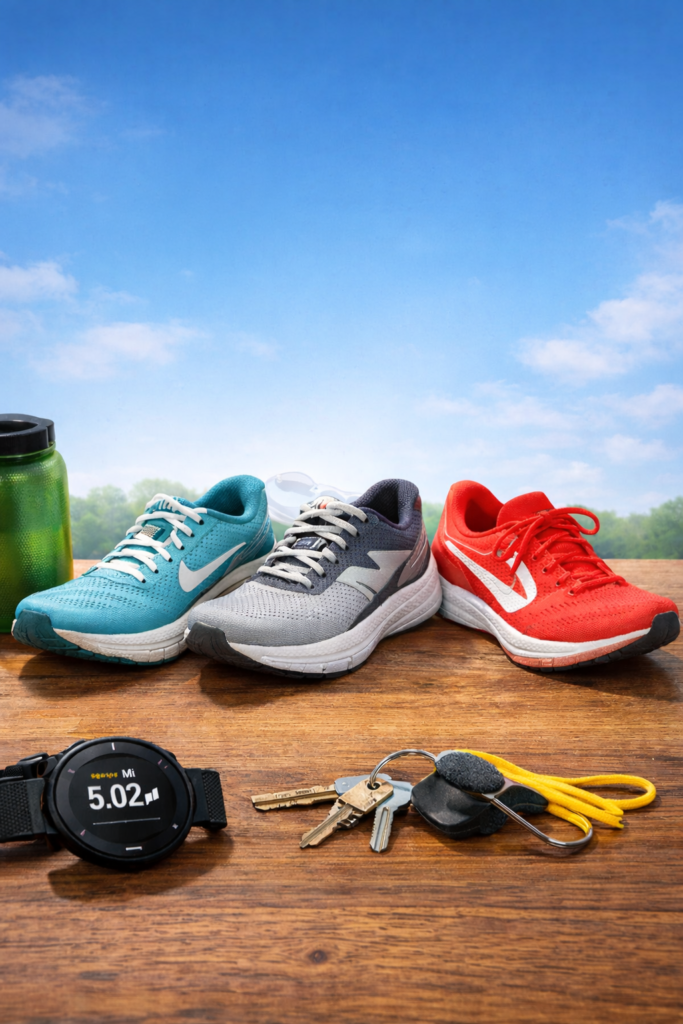 Three pairs of running shoes showing a beginner shoe rotation